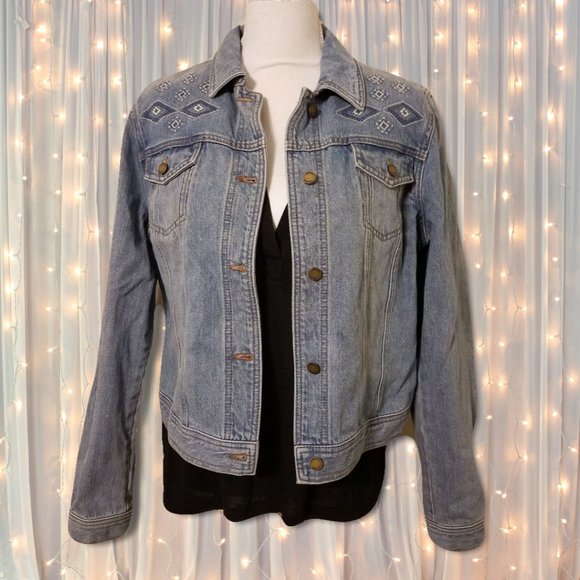 Chaps RL Denim Embroidered Blue Jean Boho Aztec Trucker Southwest Jacket